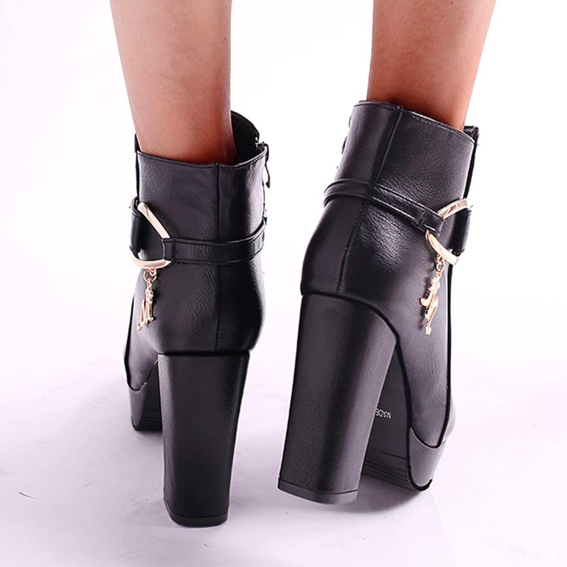 woobles Winter Boot for Women,Women Round Toe Platform Booties Ladies Cute Chunky High Heel Snow Ankle Boot Wedge Zipper Slip On Boot Causal Walking Dress Shoe, Black, 6-6.5 - Image 4